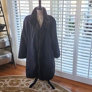Gallery CG Collection Women's Plus Long Black Coat with Faux Fur Trim - Size 1X